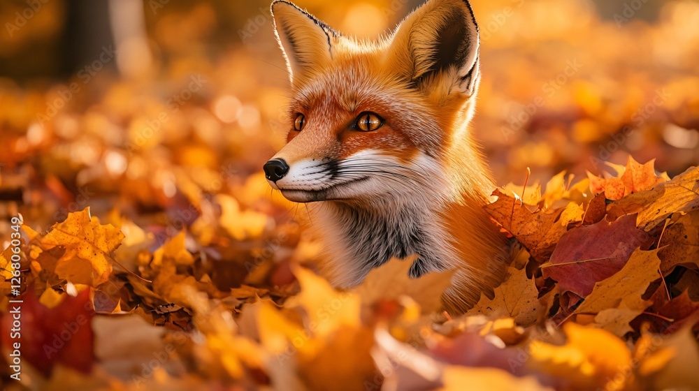 Fototapeta premium Charming and Curious Little Fox Playfully Peeking Out From a Pile of Crunchy and Colorful Autumn Leaves, Fun and Cute Vibe
