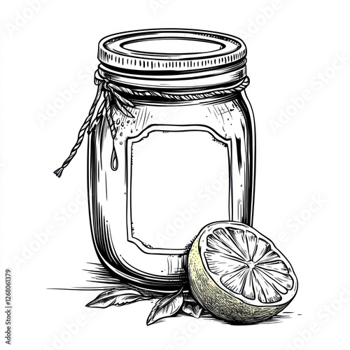 Vintage glass jar with lemon slice, hand drawn illustration