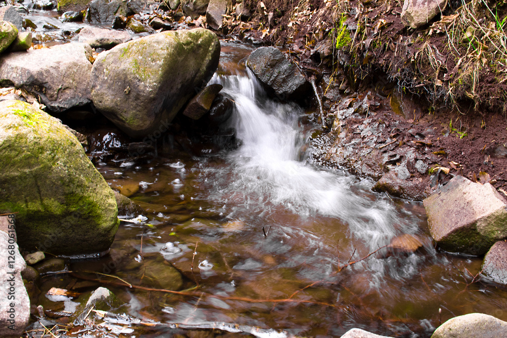 Moss-covered stones along the forest stream Moss-covered stones along the forest stream