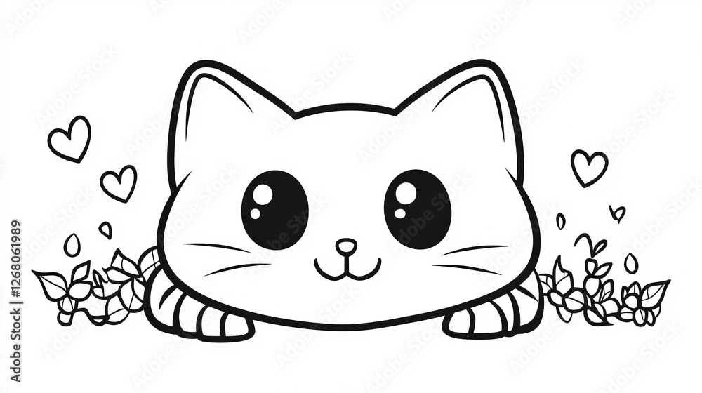 Obraz premium Adorable Kawaii Cat Illustration Cute Pet Animal Drawing Black White Line Art Design Sweet Kitten Graphic Lovely Kitty Image Happy Pet Graphic Design 