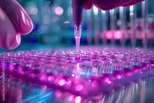 Closeup shot of a scientist using a micropipette to prepare samples for a bioassay of in vitro cells on a 96-well microplate in a laboratory fume hood. The focus is on the precision photo