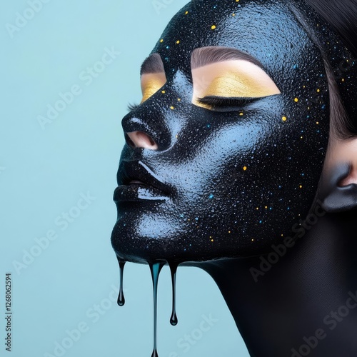 Fashion editorial portrait, avant-garde makeup merging with asymmetric rain textures, futuristic