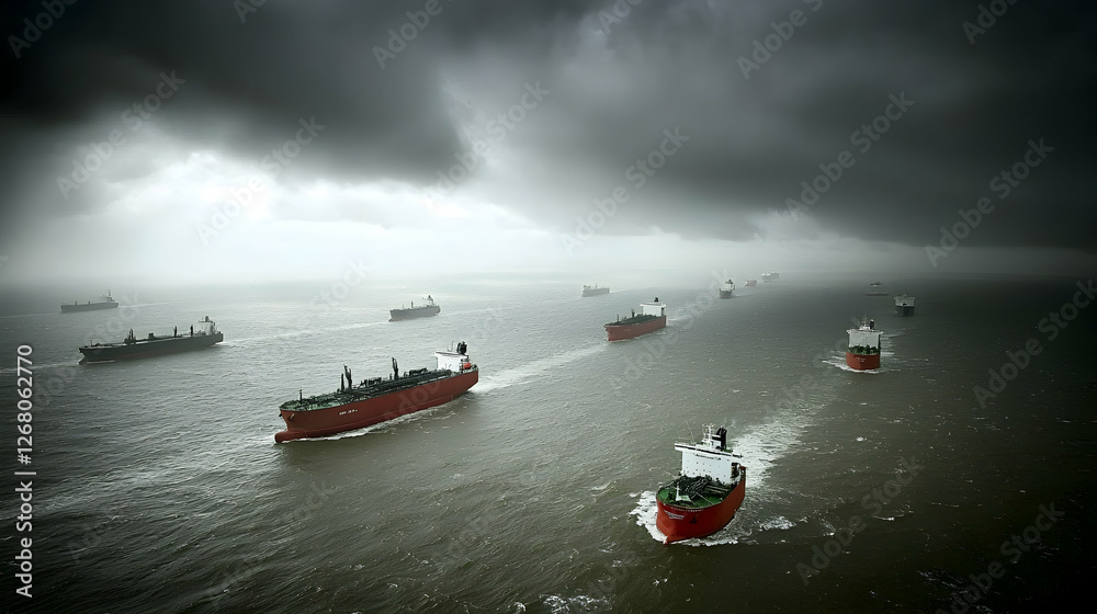 Fototapeta premium Cargo ships navigate stormy sea, heavy clouds loom, aerial view, global trade