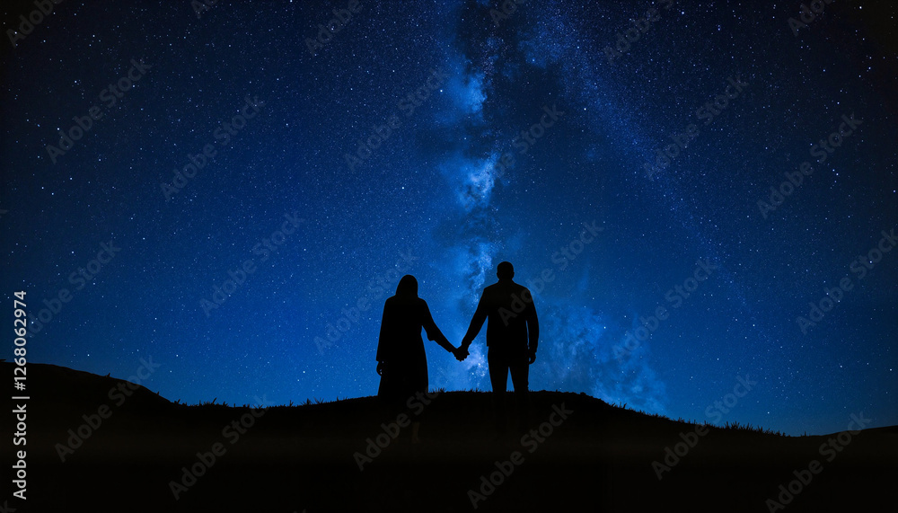 Fototapeta premium Silhouette of couple under starry night sky on hill, romantic unity
