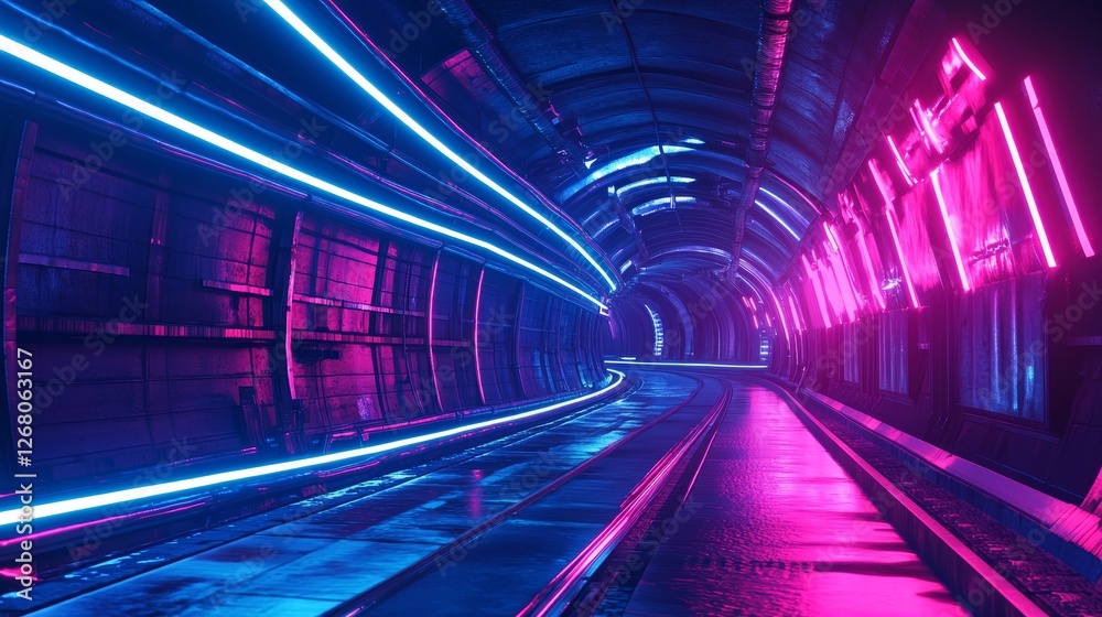 Futuristic abandoned tunnel with bright blue neon lights. Urban landscape. Cyberpunk wallpaper. Industrial zone in a city of a future. Photorealistic 3d illustration. Futuristic abandoned tunnel with bright blue neon lights. Urban landscape. Cyberpunk wallpaper. Industrial zone in a city of a future. Photorealistic 3d illustration.