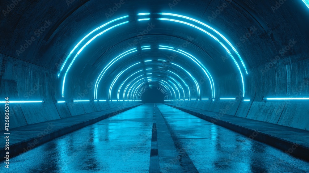 Futuristic abandoned tunnel with bright blue neon lights. Urban landscape. Cyberpunk wallpaper. Industrial zone in a city of a future. Photorealistic 3d illustration. Futuristic abandoned tunnel with bright blue neon lights. Urban landscape. Cyberpunk wallpaper. Industrial zone in a city of a future. Photorealistic 3d illustration.