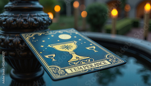 Tarot card Temperance resting on decorative pedestal beside water in serene garden setting