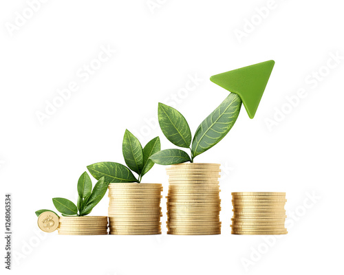 Increasing stacks of golden coins with a smooth upward green arrow, representing financial success and growth with an environmentally positive connotation.