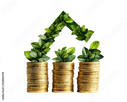 Increasing stacks of golden coins with a smooth upward green arrow, representing financial success and growth with an environmentally positive connotation.