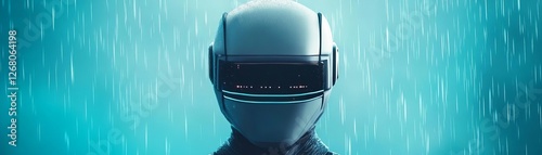 Futuristic warrior s helmet, rain pouring differently on each side, one digital, one real-world weather effect photo
