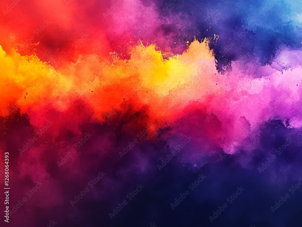 Fototapeta premium A watercolor painting with seamless color transitions from warm red and orange to cool pink, violet, and blue, with scattered white specks resembling stars