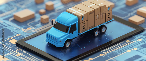 Digital Delivery: A blue truck loaded with cardboard boxes, symbolizes a seamless and efficient delivery service, driving onto a digital screen that represents the online marketplace.