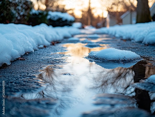 A roadside puddle surrounded by melting snow and ice, reflecting the sky and trees, with blurred silhouettes of buildings in the distance