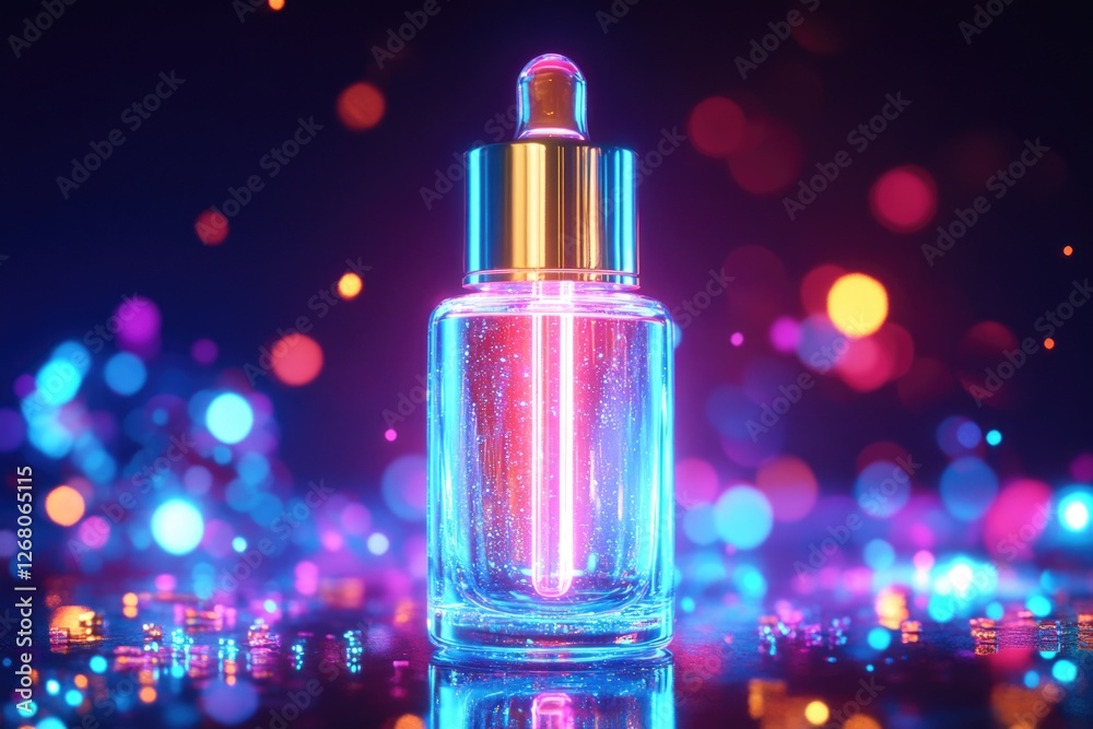 A perfume bottle sits on a reflective surface A perfume bottle sits on a reflective surface