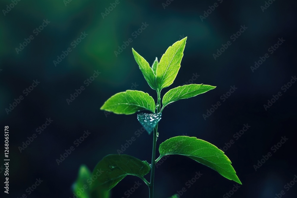 A close-up of a green plant with water droplets on its leaves, suitable for use in still life or nature photography A close-up of a green plant with water droplets on its leaves, suitable for use in still life or nature photography
