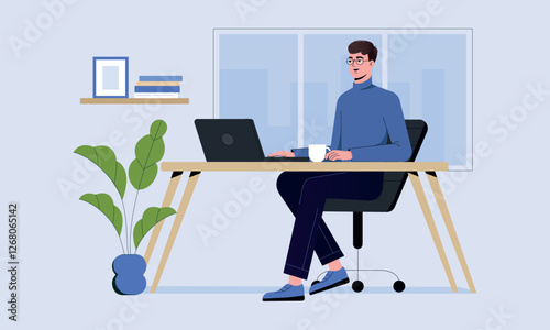 A minimalist and modern vector illustration of a young man working on his laptop. Stylish office space