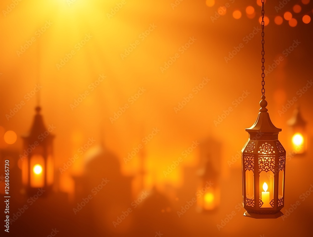 Illuminated Lantern Hanging Against Blurred Mosque Background Illuminated Lantern Hanging Against Blurred Mosque Background