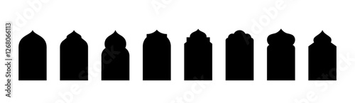 Islamic shapes isolated. Black silhouette eid mubarak decorative arches, mosque borders or moroccan gates. Arabian design elements and decor for Islam holidays PNG