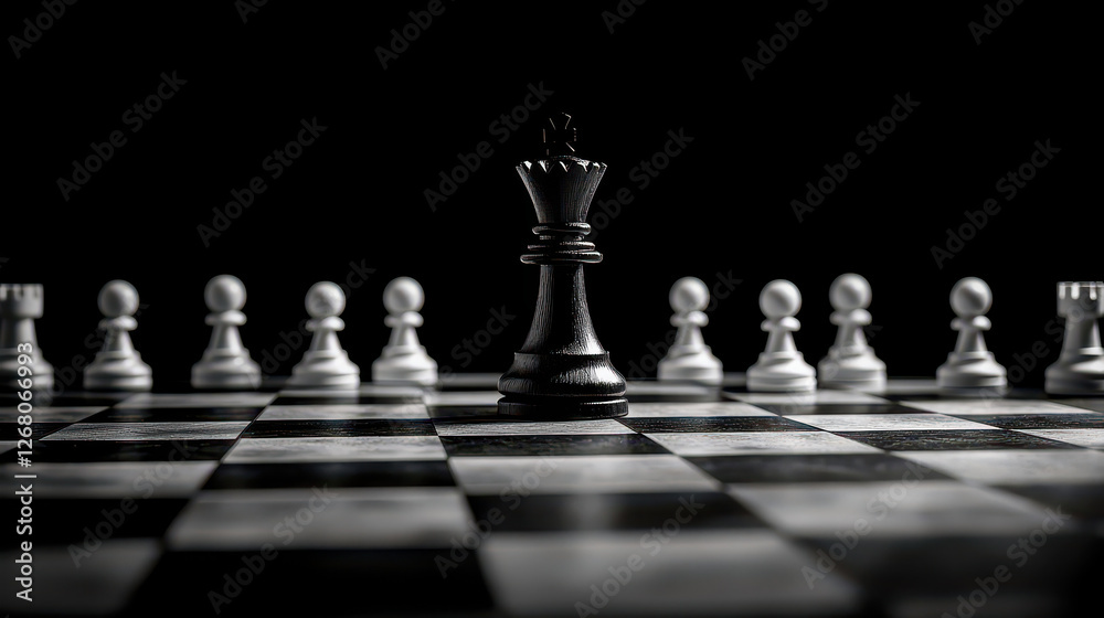 Close-up of a black king surrounded by white pawns on a chessboard with dramatic contrast Close-up of a black king surrounded by white pawns on a chessboard with dramatic contrast