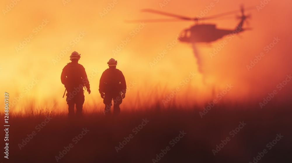 Fototapeta premium firefighters and Helicopter in Silhouette during Sunset