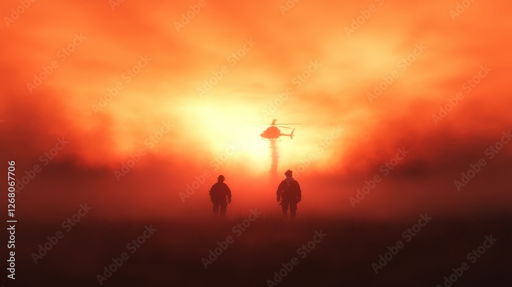 silhouette of Firefighters and Helicopter against a Dramatic Sunset silhouette of Firefighters and Helicopter against a Dramatic Sunset