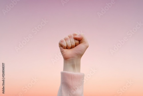 Raised fist against a pink and orange sky. photo