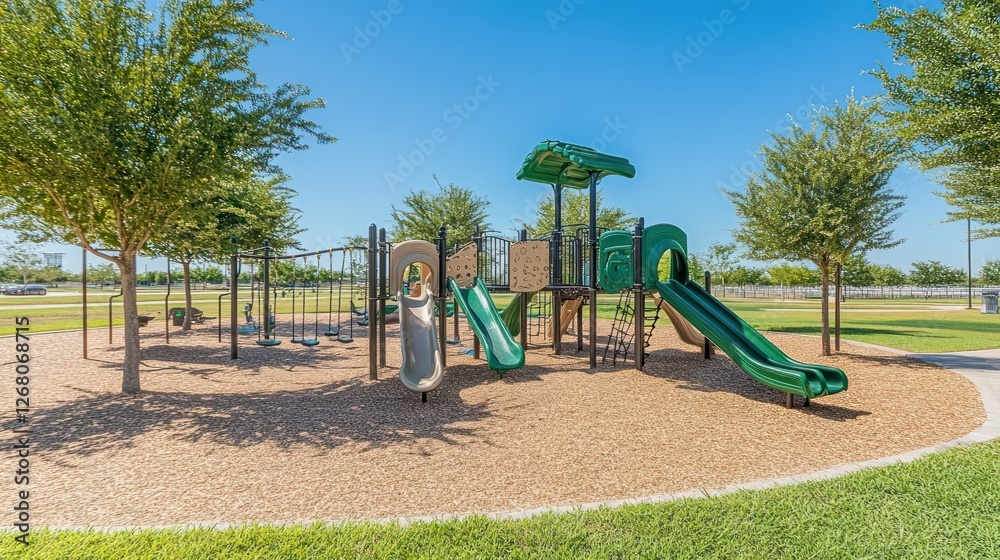 Sunny Day Playground Fun Colorful Slides And Swings