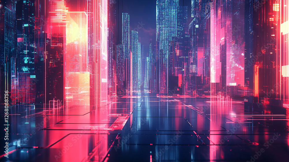 Obraz premium Futuristic cityscape of neon-lit buildings and digital structures in pink, blue, and orange, symbolizing advanced technology, virtual reality, and cyberpunk-inspired data flow.