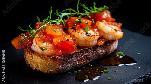 Delicious shrimp bruschetta with a vibrant tomato relish. A gourmet appetizer, perfect for a special occasion.