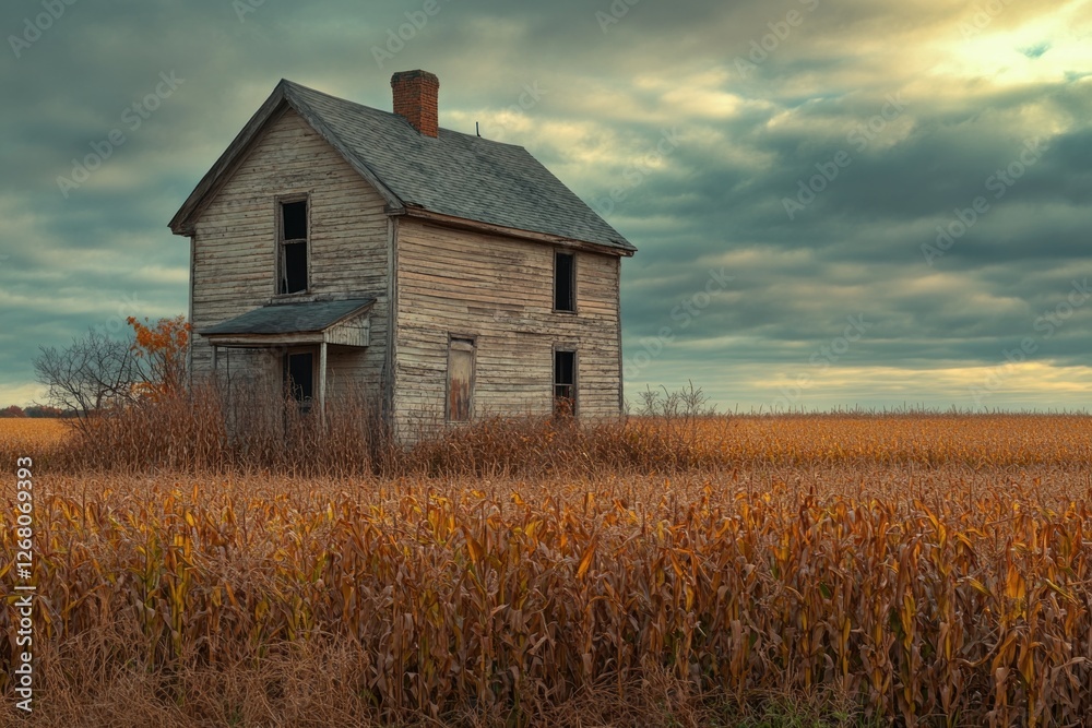 Rustic farmhouse surrounded by golden cornstalks, ideal for rustic or country-themed projects Rustic farmhouse surrounded by golden cornstalks, ideal for rustic or country-themed projects
