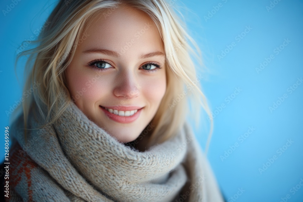A woman smiling for the camera while wearing a scarf, suitable for use in a variety of contexts such as lifestyle, fashion, or social media A woman smiling for the camera while wearing a scarf, suitable for use in a variety of contexts such as lifestyle, fashion, or social media