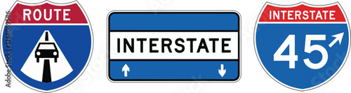 A set of three highway signs illustrating a route, interstate designation, and direction 