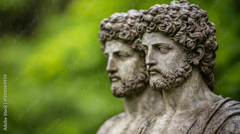 Twin god statues, one worn by the rain of time, the other eternally preserved in a gentle drizzle Twin god statues, one worn by the rain of time, the other eternally preserved in a gentle drizzle