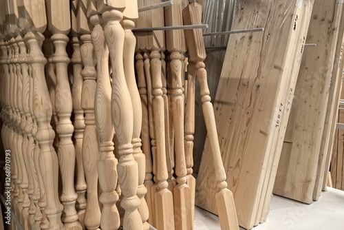 Exquisite wooden spindles and planks arranged in a craft workshop photo