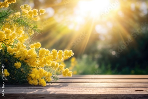 A bouquet of bright yellow flowers sits atop a rustic wooden table, perfect for adding a pop of color to any space