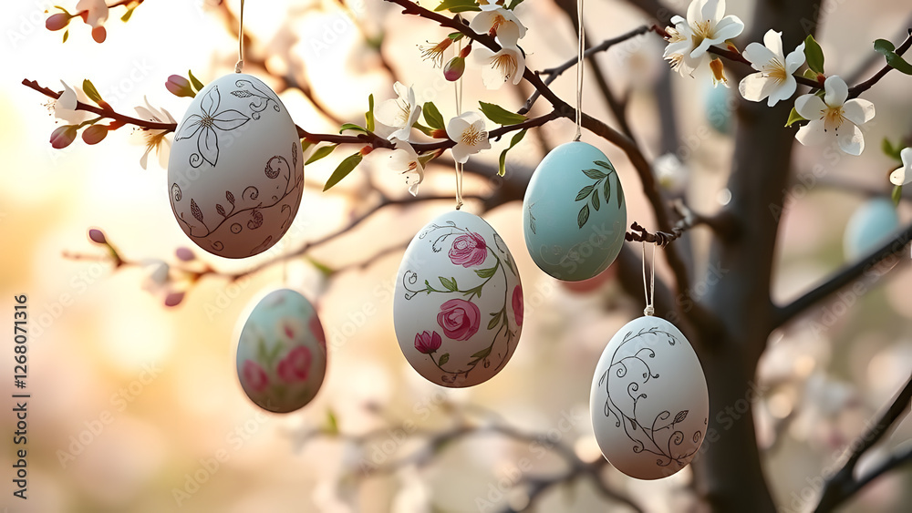 Fototapeta premium Ornate Easter eggs with floral designs delicately hang from a blooming tree branch in a soft spring garden with golden light