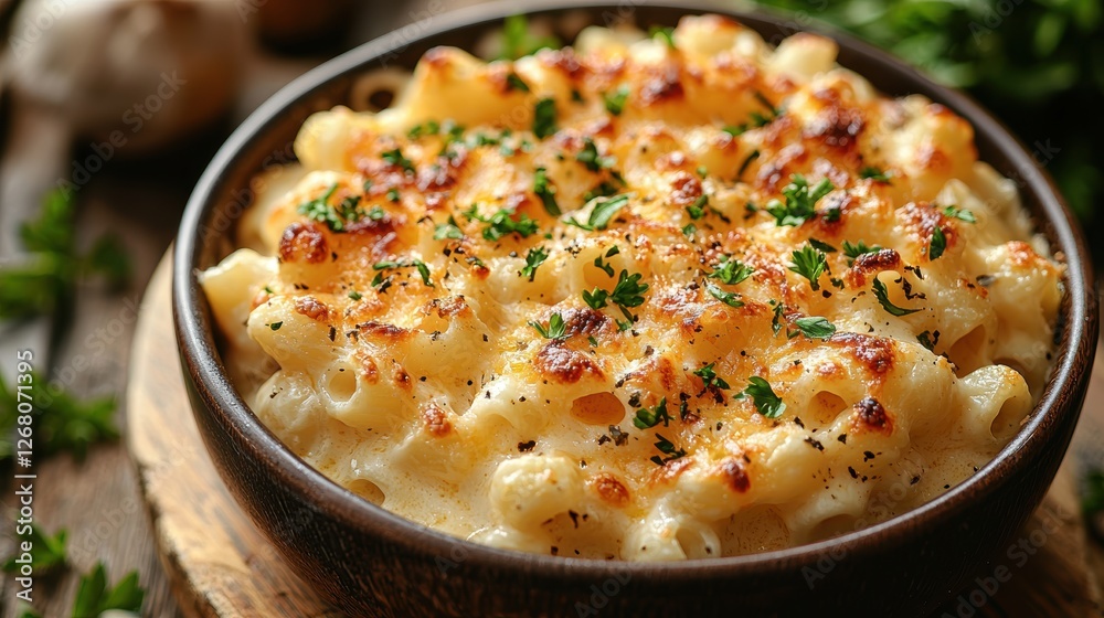 Creamy, baked macaroni and cheese topped with parsley in a rustic bowl.
