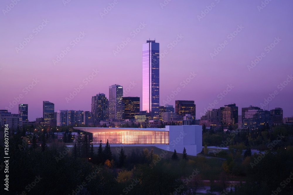Fototapeta premium Aerial view of a city at sunset, with buildings and cars visible