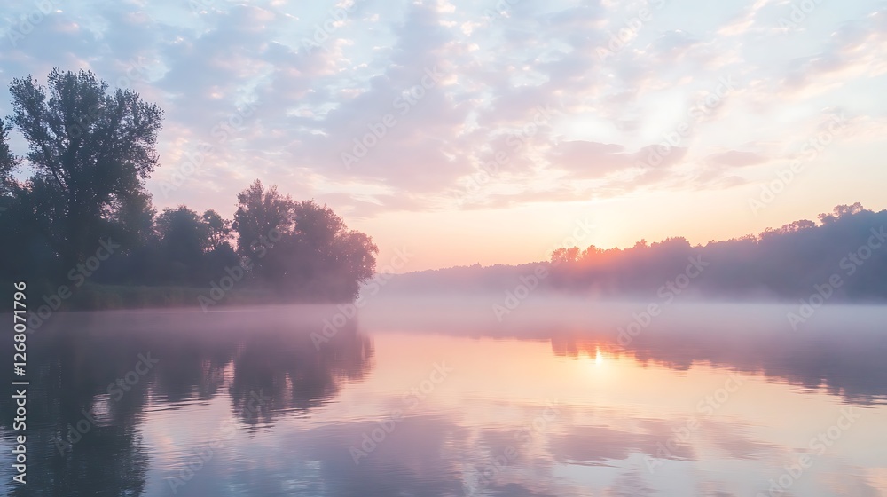 Serene Sunrise Over Misty River And Trees Serene Sunrise Over Misty River And Trees