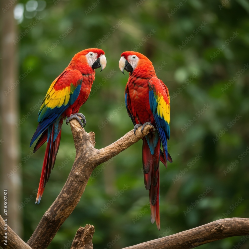 Obraz premium Colorful Macaws Perched in a Lush Tropical Rainforest