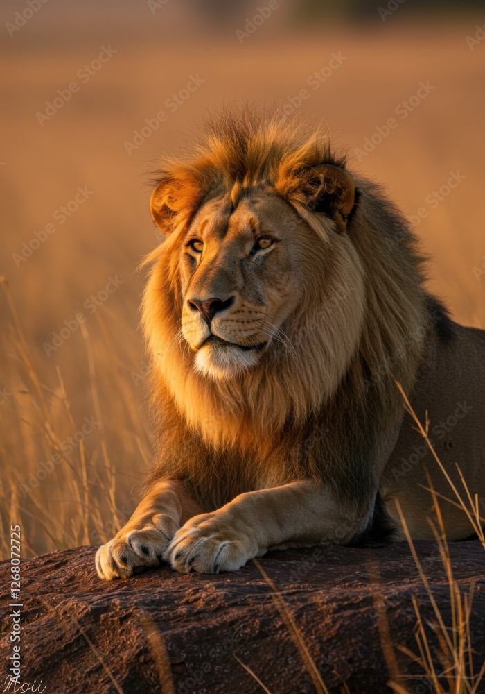 Majestic Lion Resting on a Rocky Outcrop Under Golden Sunset Light Majestic Lion Resting on a Rocky Outcrop Under Golden Sunset Light
