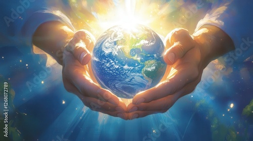 Divine Hands Gently Cradle Earth In Heavenly Light
