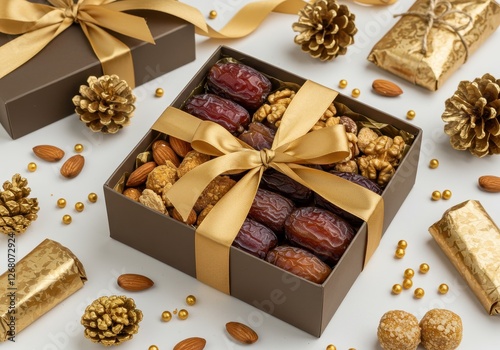 A beautifully presented gift box filled with premium dates and assorted nuts wrapped with an elegant golden ribbon photo