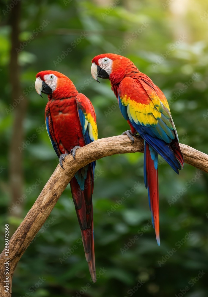 Fototapeta premium Colorful Macaws Perched in a Lush Tropical Rainforest