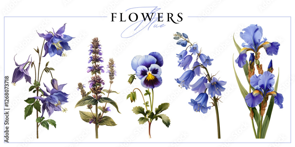 Blue-purple garden and field flowers isolated on a white background. Vintage painting style illustration.