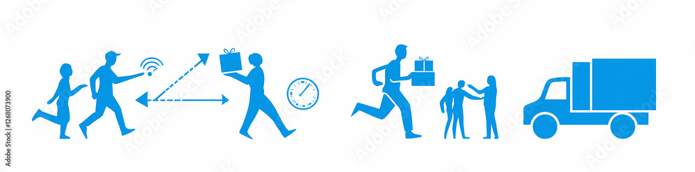 Fast and Efficient Delivery: A set of blue stick figures depict the fast and efficient process of delivery, from pick-up to delivery, in a modern, minimalist style. Fast and Efficient Delivery: A set of blue stick figures depict the fast and efficient process of delivery, from pick-up to delivery, in a modern, minimalist style.