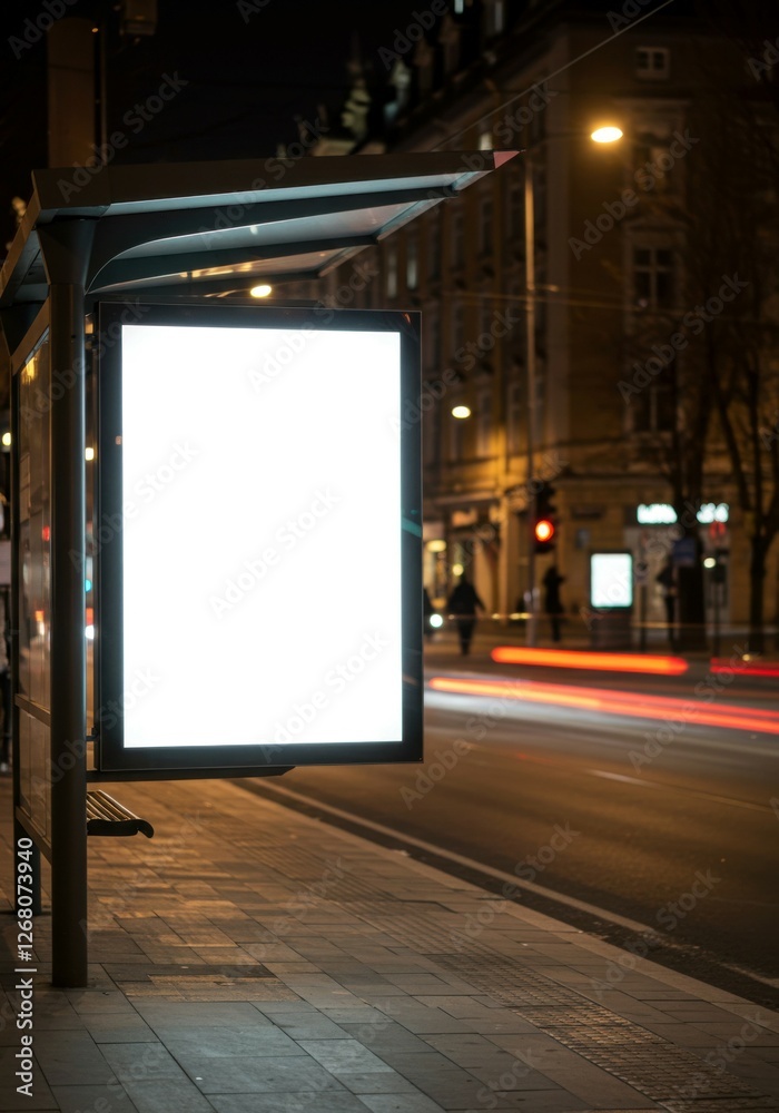 An illuminated digital billboard at a bus stop in the city at night, with space for an advertisement. An illuminated digital billboard at a bus stop in the city at night, with space for an advertisement.