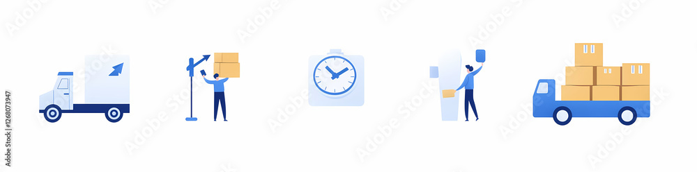 Fast and Reliable Delivery: A set of vibrant, minimalist icons illustrate the key stages of a speedy delivery process, from pickup to delivery, capturing the essence of efficiency and reliability. Fast and Reliable Delivery: A set of vibrant, minimalist icons illustrate the key stages of a speedy delivery process, from pickup to delivery, capturing the essence of efficiency and reliability.