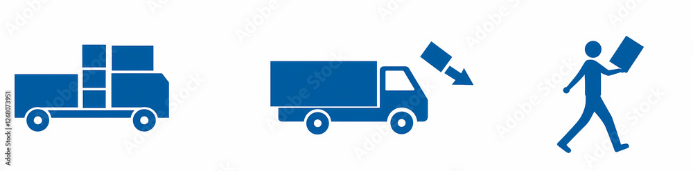Delivery Process Icon Set: A set of three blue icons depicting the essential stages of a delivery process, from loading packages onto a truck to unloading and delivery to the customer. Delivery Process Icon Set: A set of three blue icons depicting the essential stages of a delivery process, from loading packages onto a truck to unloading and delivery to the customer.
