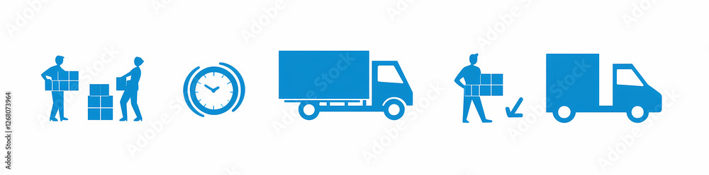 Fast and Reliable Delivery Process:  A simplified graphic depicting a delivery process with icons representing a person loading packages onto a truck, a clock for time, a delivery truck.